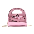 Pink glossy patent leather mini bag for girls with bow decoration and gold chain - Pink