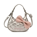 Silver quilted mini crossbody bag for girls with pink bow and metallic finish - Silver
