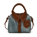 Creative shirt-style denim handbag with brown leather trim and button details - Denim Blue