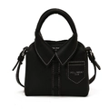 Mini girls black textured leather handbag with shirt collar design and contrast stitching - Black