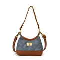 Navy blue denim quilted mini crossbody bag with gold chain and brown leather strap - Square Lock Denim Blue