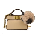 Mini beige leather handbag for kids featuring a leopard print pom-pom and gold chain - Khaki With Hairball