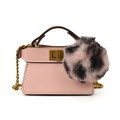 Mini light pink leather crossbody bag for girls with fluffy fur pompom and gold chain strap - Pink With Hairball