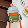 Blue and orange colorblock kids backpack with mountain patch and decorative charm - Medium / Blue