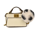Mini cream white shoulder bag with gold chain and large spotted faux fur pompom charm - White With Hairball