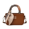 Mini sac bandoulière marron pour filles en cuir PU avec foulard en soie décoratif et logo - Marron Avec Foulard en Soie