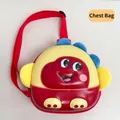 Detail of red and yellow dinosaur chest bag with EVA hard shell and adjustable strap - Red Chest Bag