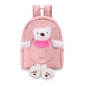 Pink cartoon backpack featuring a 3D plush bear toy and bear head prints for girls - Large / Pink