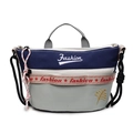 Bolso de lona tricolor con cinta roja y bordado de plantas dorado estilo deportivo - Azul