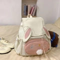 Mochila escolar beige con orejas de conejo rosa y colgante de bola de felpa suave - Blanco Grande