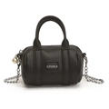 Mini bolso cilíndrico de cuero litchi negro con cadena plateada y dije de perla - Negro