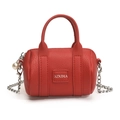 Red mini cylinder handbag with lychee pattern leather and elegant pearl chain detail - Red
