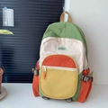 Kids' canvas backpack with trendy color-block design in green, beige, and orange - Large / Green
