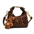 Mini leopard print handbag for girls with brown leather trim and plush bear charm - Leopard Print With Pendant