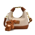 Mini tote bag in beige woven fabric and brown leather with a plush bear charm - Brown & Beige With Pendant