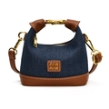 Mini navy denim girls' handbag with brown leather trim and metallic gold buckles - Denim Blue Bag Only