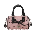 Mini sac cylindrique rose avec nœud noir, anses en cuir et pendentif cœur en métal - Rose