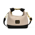 Mini beige woven tote bag with leopard print details and black leather handle for girls - Black & Beige Bag Only