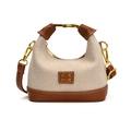 Girl's vintage beige woven handbag with brown leather trim and golden metal handle - Brown & Beige Bag Only