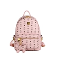 Zaino in pelle PU rosa con stampa di orsetti, hardware dorato e ciondolo a cane - Con Ciondolo / Grande / Rosa Chiaro