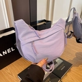 Purple nylon crescent sling bag for kids featuring multiple zippers and wide strap - Purple (No Pendant)