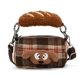 Mini bolso bandolera de felpa con estampado de cuadros marrones y adorno de perro - Marrón
