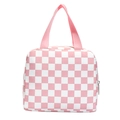 Pink and white checkered large lunch bag with durable handles for work and travel - Pink