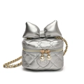 Silver quilted bow chain bag for kids with pearl charms and cute cat embroidery - Silver
