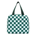Green and white checkerboard pattern large capacity lunch bag with durable handles - Green
