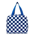 Blue and white checkerboard lunch bag with durable top handles and zipper closure - Blue
