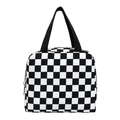 Portable checkerboard lunch bag with black and white grid pattern and zipper closure - Black