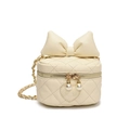 Creamy white quilted children's box bag with oversized bow and pearl chain strap - White