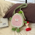 Cute green guava cartoon crossbody bag with small red apple core plush pendant charm - Pink With Pendant