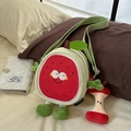 Cartoon watermelon plush shoulder bag with cute apple pendant and green strap - Red with Pendant