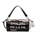 Black cylinder tote bag with pink lace trim, letter print and plush dog charm - Large / Black