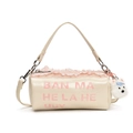 Cream cylinder shoulder bag for kids with pink lace trim and plush puppy pendant - Large / White