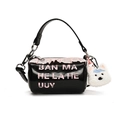 Mini black barrel bag for children featuring pink letter print and cute plush dog charm - Small / Black
