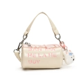 Cream bucket bag for kids with pink letters, lace trim and plush kitten charm - Small / White
