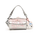 Silver cylinder shoulder bag for kids with pink lace trim and plush puppy charm - Small / Silver