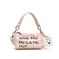 Pink cylinder kid's shoulder bag with lace frills, letters and cute bear pendant - Small / Pink