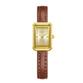 Elegant gold rectangular quartz watch with brown leather strap and crystal indices - Gold Case Gold Dial Brown Strap
