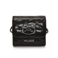 Mini black quilted crossbody bag for girls featuring cute cat embroidery and sleek finish - Black