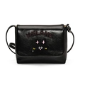 Black PU leather crossbody bag with cartoon cat embroidery and red HELAHE lettering - Large / Black