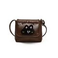 Cute dark brown cartoon kitten shoulder bag with vintage faux leather and embroidery - Small / Brown