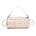 Cremefarbene Zylindertasche mit rosa Schleifenmuster und gerüschtem Chiffon-Besatz - Groß / Weiß