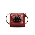 Cute red shiny leather crossbody bag for kids with black cat embroidery and long strap - Small / Red