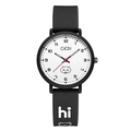Minimalist black and white quartz watch with silicone strap and bear cartoon motif - Black Case White Dial Black Strap