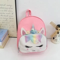 Pink and white unicorn kids backpack with holographic horn and glitter flower details - Rose Pink