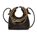 Mini brown leather crossbody bag with vintage plaid ruffled handle for children - Brown
