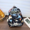 Black cartoon children backpack featuring surrealist crocodile prints and side pockets - Black